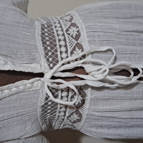 B32 Boho Kimono Swim Coverup OSFM White Tie Front Lace Patchwork Cap Sleeve - Picture 3 of 10